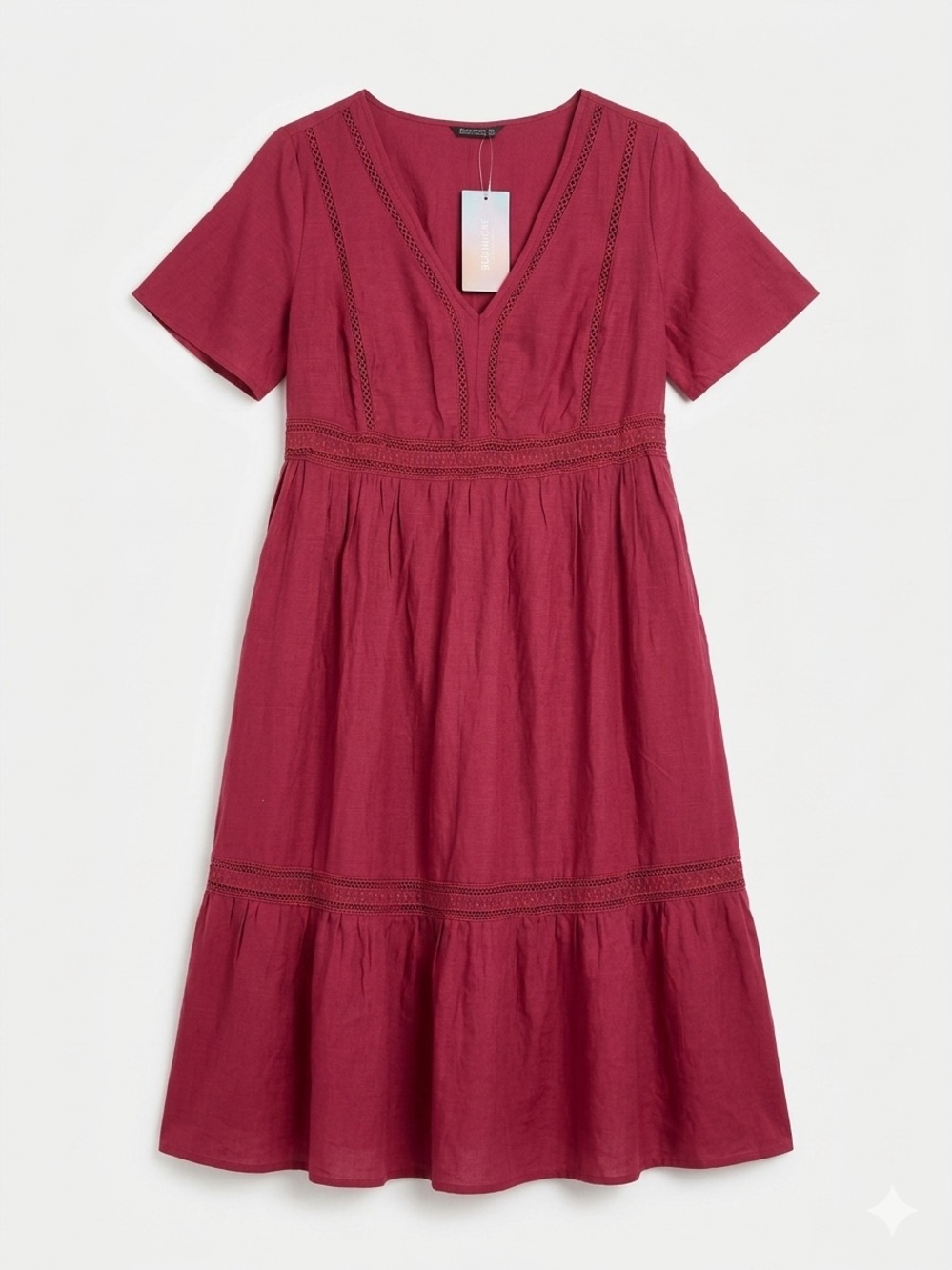BloomChic Raspberry Tiered Boho Short Sleeve Midi Dress in XL